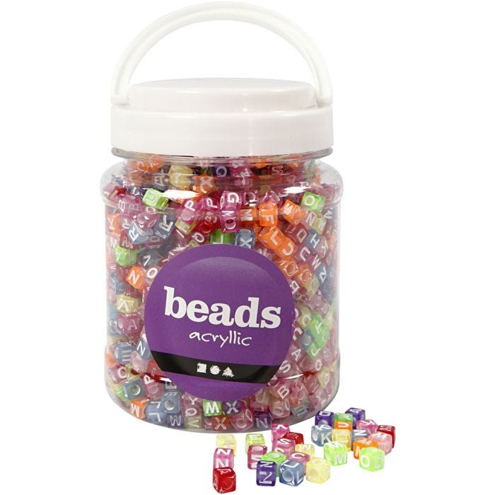Letterkralen, afm 7x7x7 mm, gatgrootte 3 mm, diverse kleuren, 450 gr, 700ml/ 1 Doosje