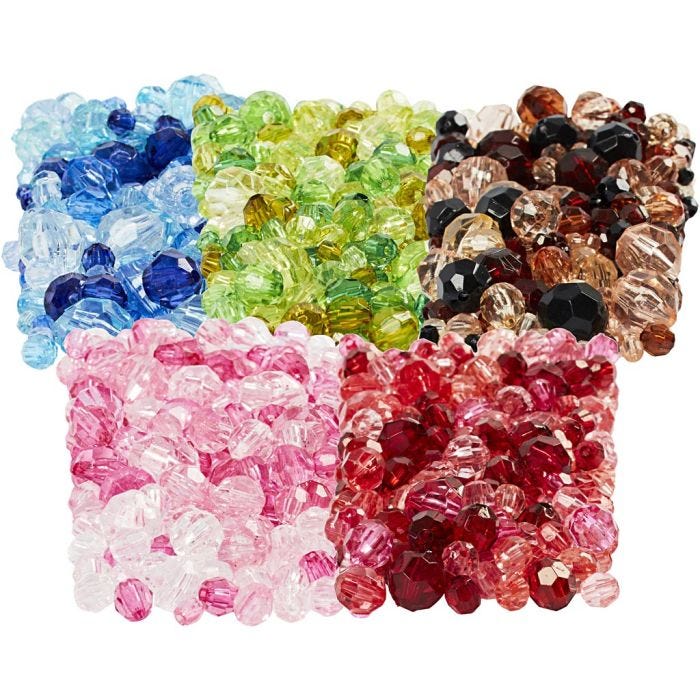 Facet kralen, d 4-12 mm, gatgrootte 1-2,5 mm, diverse kleuren, 7x250 gr/ 1 doos