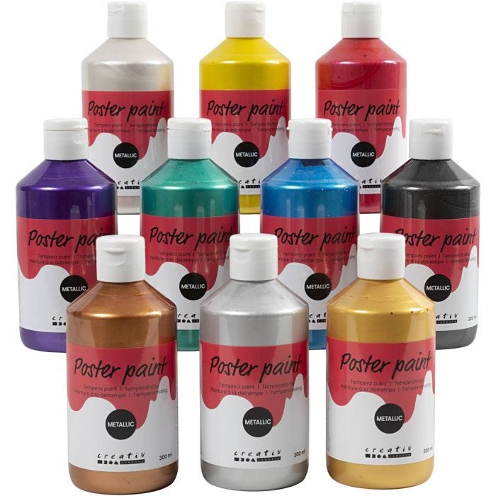 Tempera Verf Metallic , diverse kleuren, 10x300 ml/ 1 doos