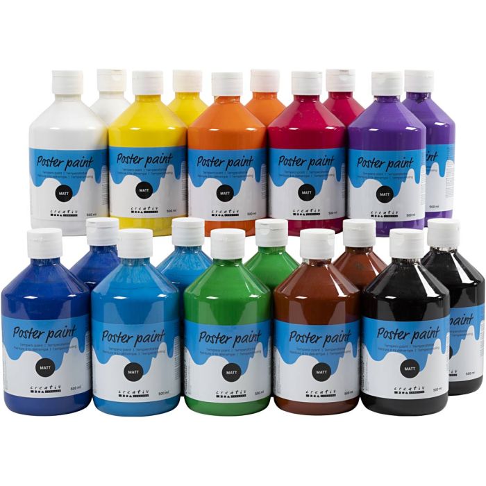 Tempera Verf Mat, diverse kleuren, 20x500 ml/ 1 doos