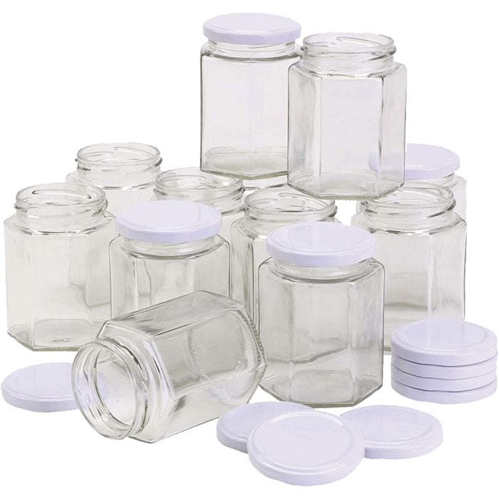Zeshoekige glazen pot, H: 8 cm, d 7 cm, 180 ml, 12 stuk/ 1 doos