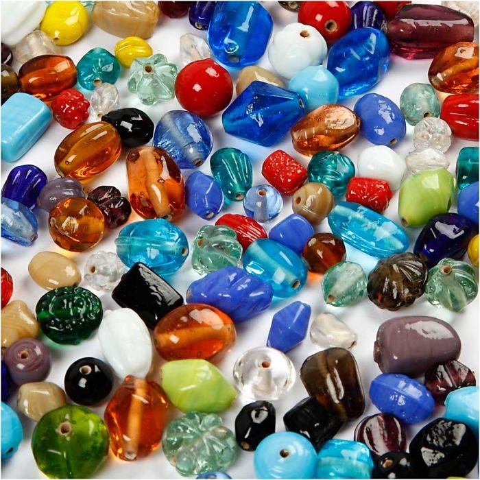 Glaskralen, afm 7-18 mm, gatgrootte 1 mm, diverse kleuren, 1000 gr/ 1 doos