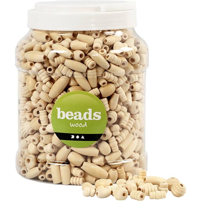 Houten kralen, d 5-28 mm, gatgrootte 2,5-3 mm, 850 gr, 2 L/ 1 emmer