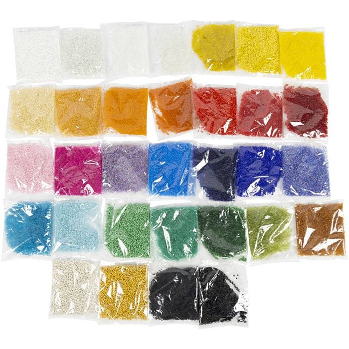 Rocailles, d 1,7+3+4 mm, afm 6/0+8/0+12/0, gatgrootte 0,5-1,2 mm, kleuren kan variëren , 32x100 gr/ 1 doos