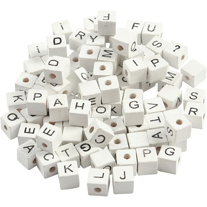 Letterkralen, A-Z, &, #, ? en blanco, afm 8x8 mm, gatgrootte 3 mm, wit, 96 div/ 1 doos