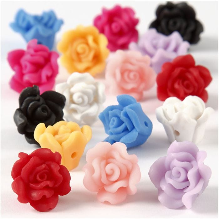 Roosjes van klei, d 16x10 mm, gatgrootte 0,5 mm, diverse kleuren, 16 div/ 1 doos