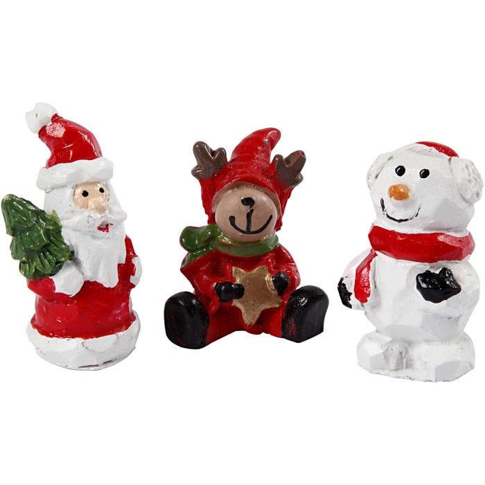 Miniatuur figuren, kerstman, rendier en sneeuwpop, H: 35 mm, L: 10 mm, 3 stuk/ 1 doos