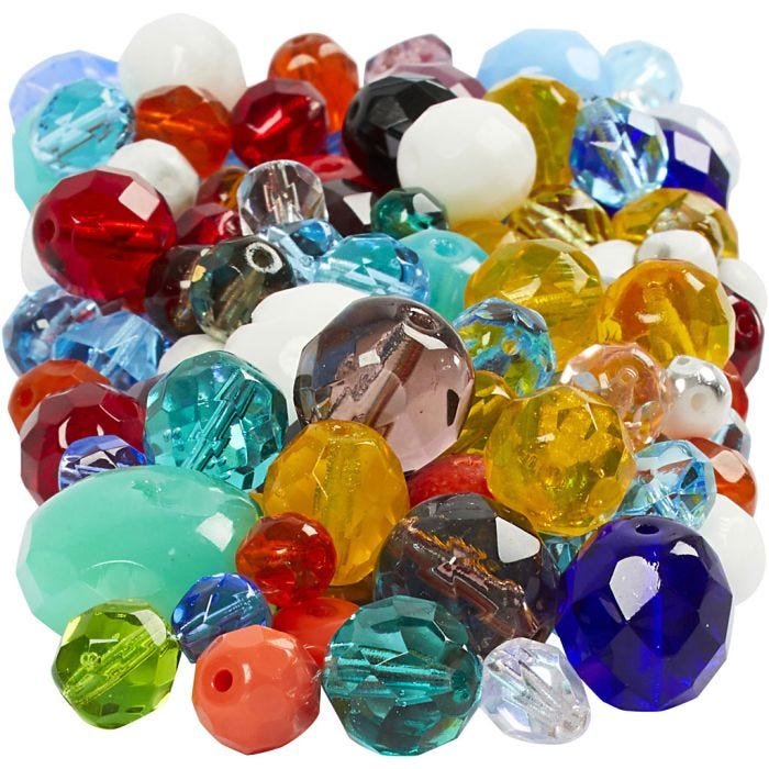 Facet glaskralen, afm 3-15 mm, gatgrootte 0,5-1,5 mm, diverse kleuren, 400gr/ 1 doos