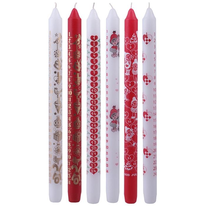 Adventkaarsen, H: 30 cm, d 22 mm, rood, wit, 24 stuk/ 1 doos