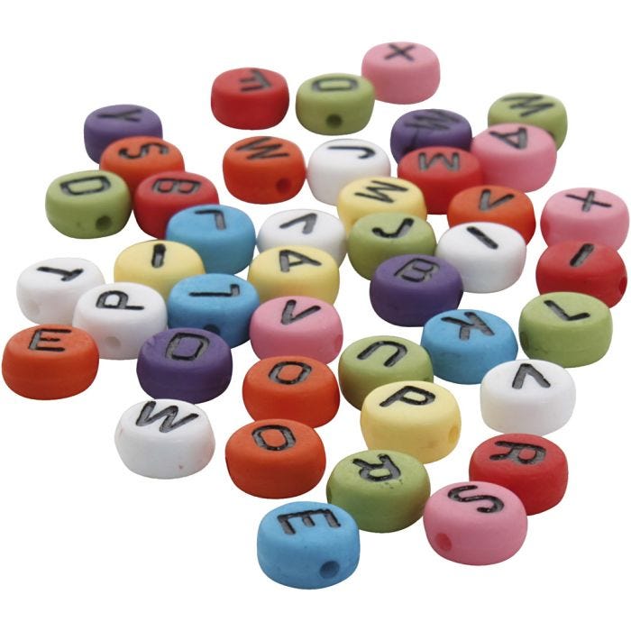 Ronde letterkralen, d 7 mm, gatgrootte 1-2 mm, dikte 4 mm, diverse kleuren, 500 gr/ 1 doos