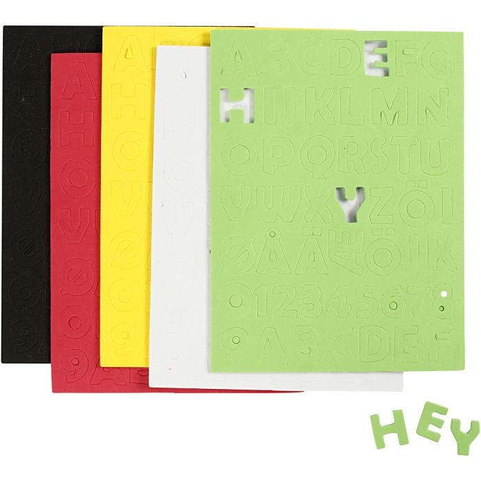 EVA foam Letters &amp; Cijfers, vel 15x21 cm, afm 2-2,3 cm, dikte 2 mm, diverse kleuren, 5vel/ 1 doos