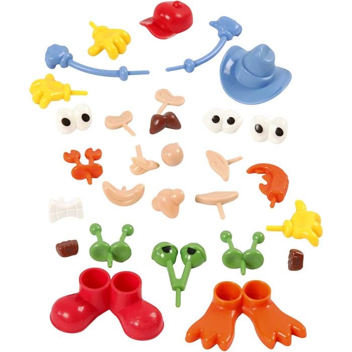 Lichaamsdelen, afm 0,8-6,8 cm, diverse kleuren, 26 stuk/ 1 doos