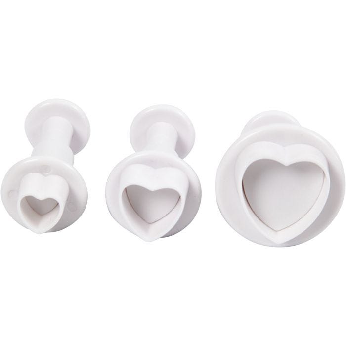 Uitsteekvormen met stempel, hart, d 2+2,3+3 cm, wit, 3 stuk/ 1 doos