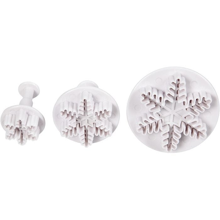 Uitsteekvormen met stempel, sneeuwvlok, d 3,2+4,8+6,5 cm, wit, 3 stuk/ 1 doos