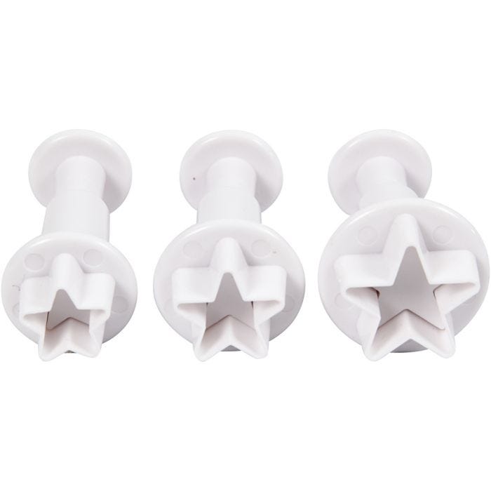 Uitsteekvormen met stempel, ster, d 2,1+2,3+2,6 cm, wit, 3 stuk/ 1 doos