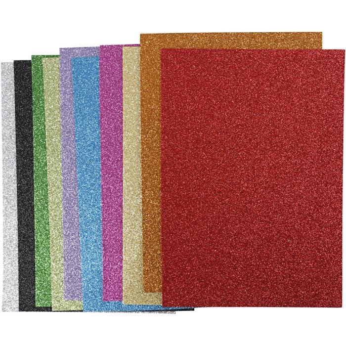 EVA Foam vellen, A4, vel 210x297 mm, dikte 2 mm, glitter, diverse kleuren, 10 div vellen/ 1 doos