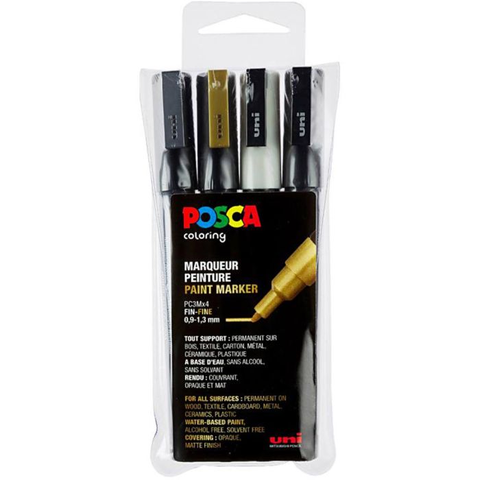 Set Posca markers, PC-3M, afm PC-3M, zwart, goud, zilver, wit, 4 stuk/ 1 doos