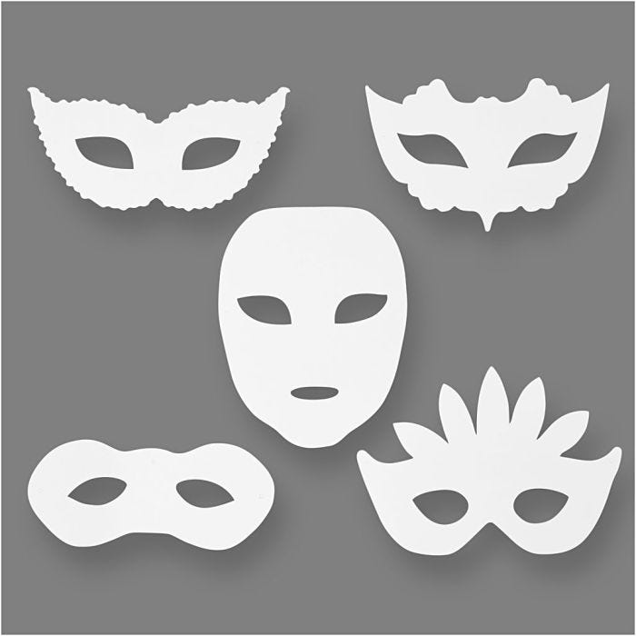 Theatermaskers, H: 8,5-19 cm, B: 15-20,5 cm, 230 gr, wit, 16stuk/ 1 doos