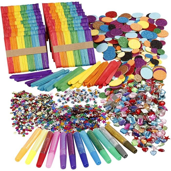 Glitter en houten stokjes, diverse kleuren, 1 set