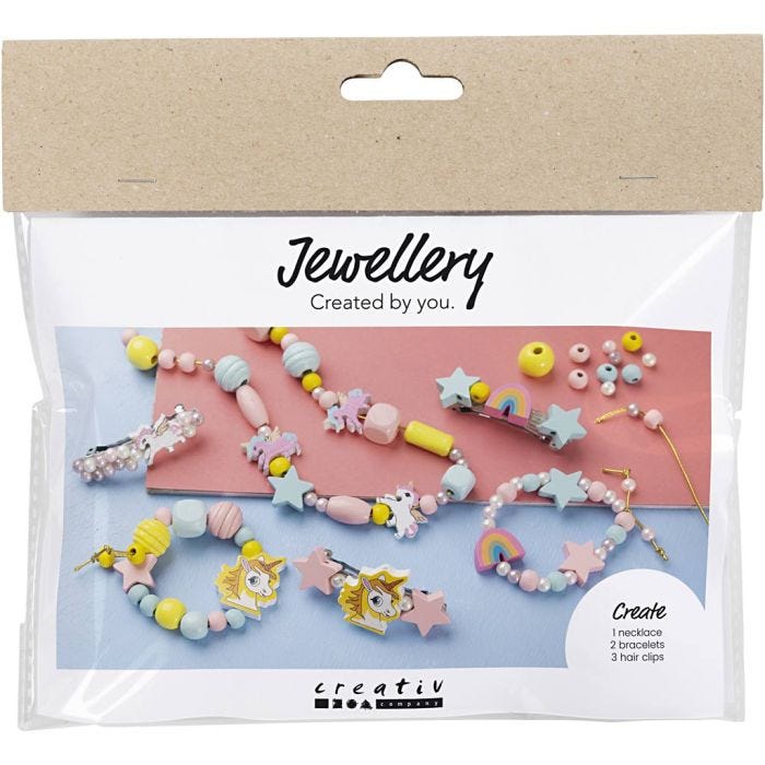 Mini Hobbyset Sieraden, Halsketting, armbanden, oorbellen, lichtblauw, lichtrood, geel, 1 doos