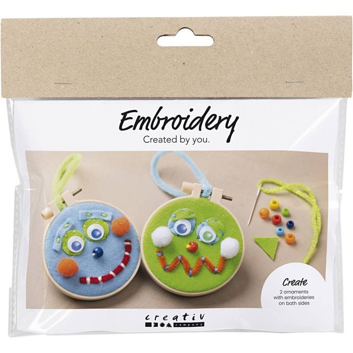 Mini hobbyset borduren, Gezichtjes, blauw, groen, 1 doos