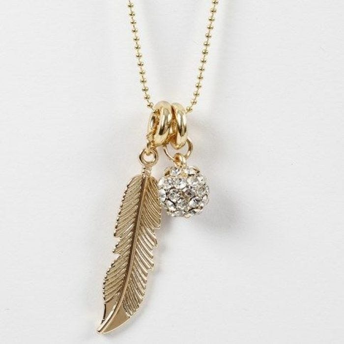 Balletjesketting met een goudkleurige veer en flonkerende bedel