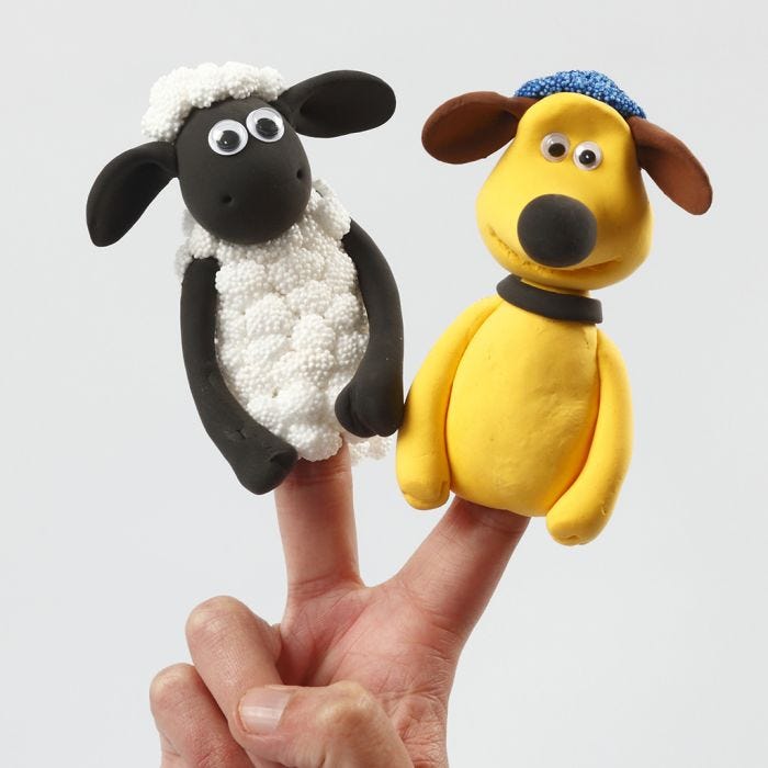 Shaun het Schaap vingerpoppen van Silk Clay en Foam Clay