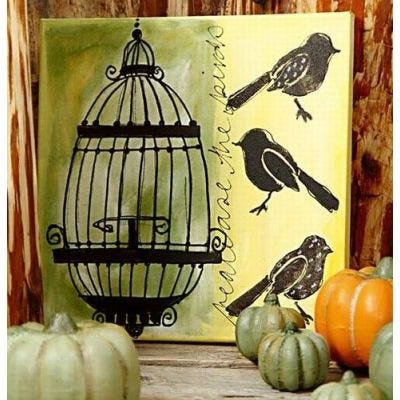 Art Canvas met vogels en een kooi