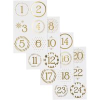 Kerstkalender cijfer stickers, d 40 mm, 9x14 cm, goud, wit, 4 vel/ 1 doos