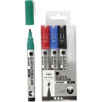 Glas- & Porseleinstiften, lijndikte 1-2 mm, semi-dekkend, zwart, blauw, groen, rood, 4 stuk/ 1 doos