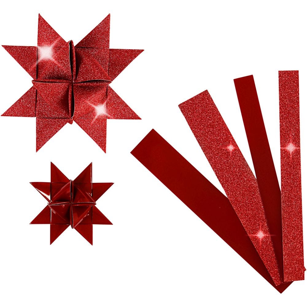 Papieren vlechtstroken, L: 44+78 cm, d 6,5+11,5 cm, B: 15+25 mm, glitter,vernis, rood, 40 stroken/ 1 doos