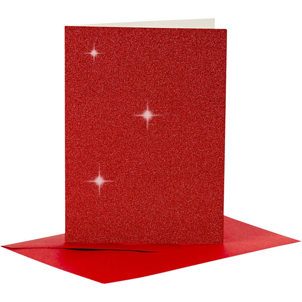 Kaarten en enveloppen, afmeting kaart 10,5x15 cm, afmeting envelop 11,5x16,5 cm, glitter, 110+250 gr, rood, 4 set/ 1 doos