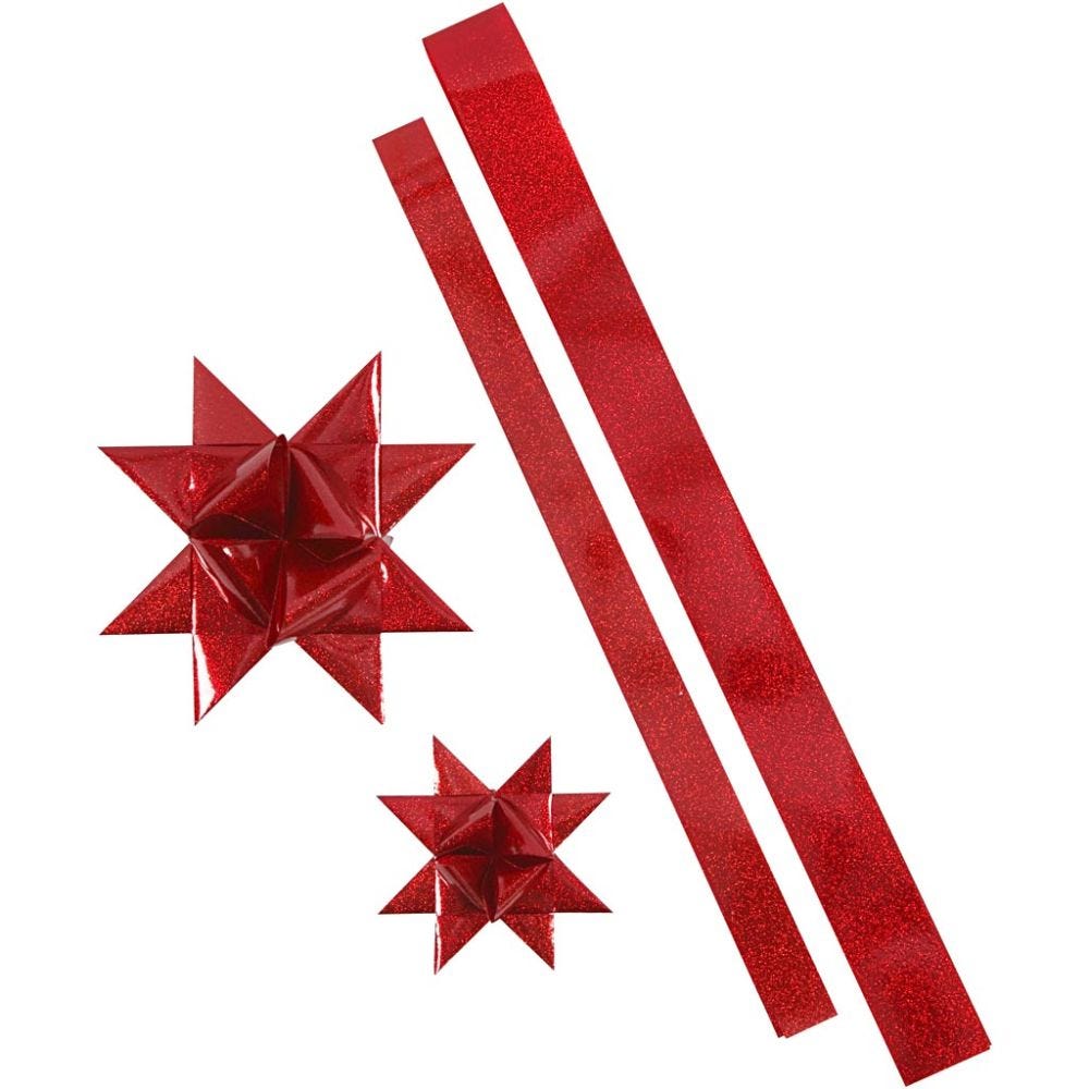 Sterstroken, L: 86+100 cm, d 11,5+18,5 cm, B: 25+40 mm, rood, rood glitter, 96 stroken/ 1 doos