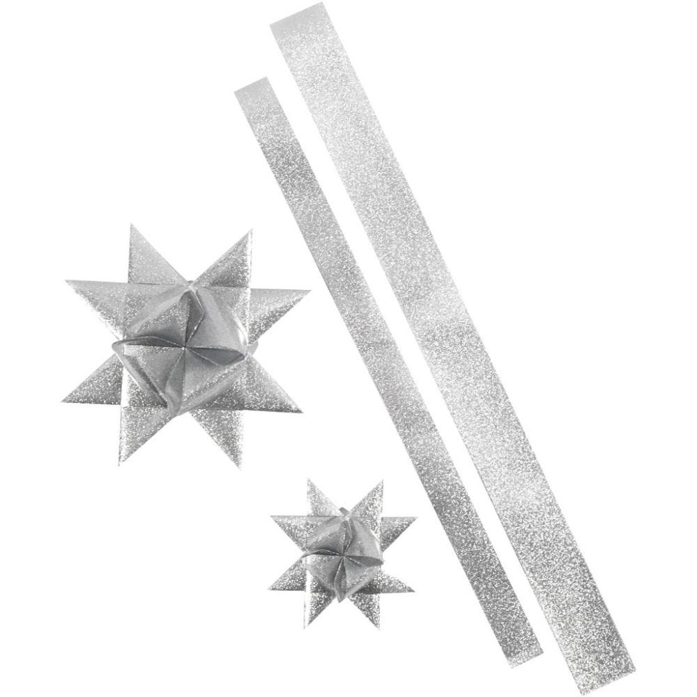 Sterstroken, L: 86+100 cm, d 11,5+18,5 cm, B: 25+40 mm, glitter zilver, 96 stroken/ 1 doos