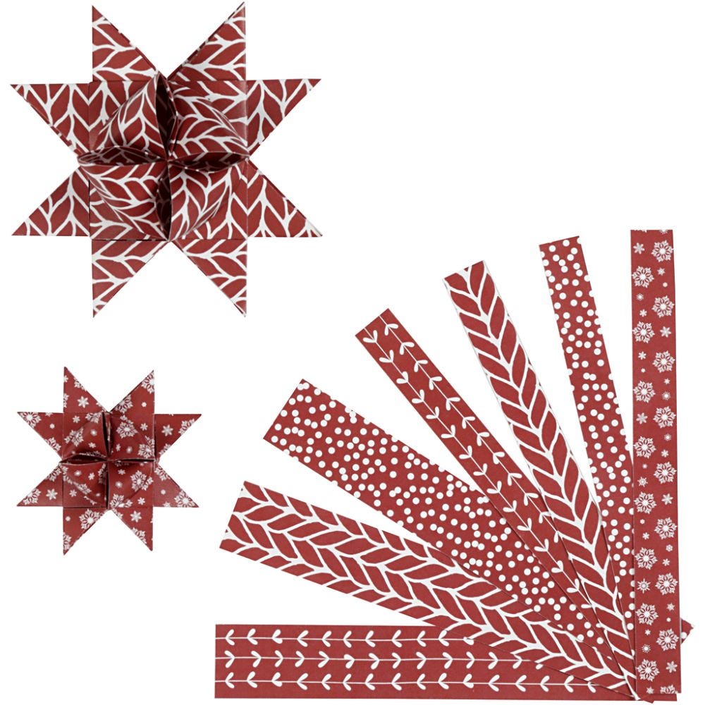 Papieren vlechtstroken, L: 44+78 cm, d 6,5+11,5 cm, B: 15+25 mm, rood, wit, 60 stroken/ 1 doos
