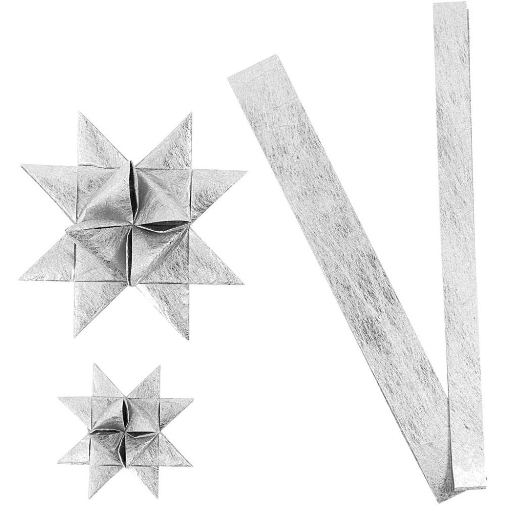Papieren vlechtstroken, L: 44+78 cm, d 6,5+11,5 cm, B: 15+25 mm, zilver, 128 stroken/ 1 doos