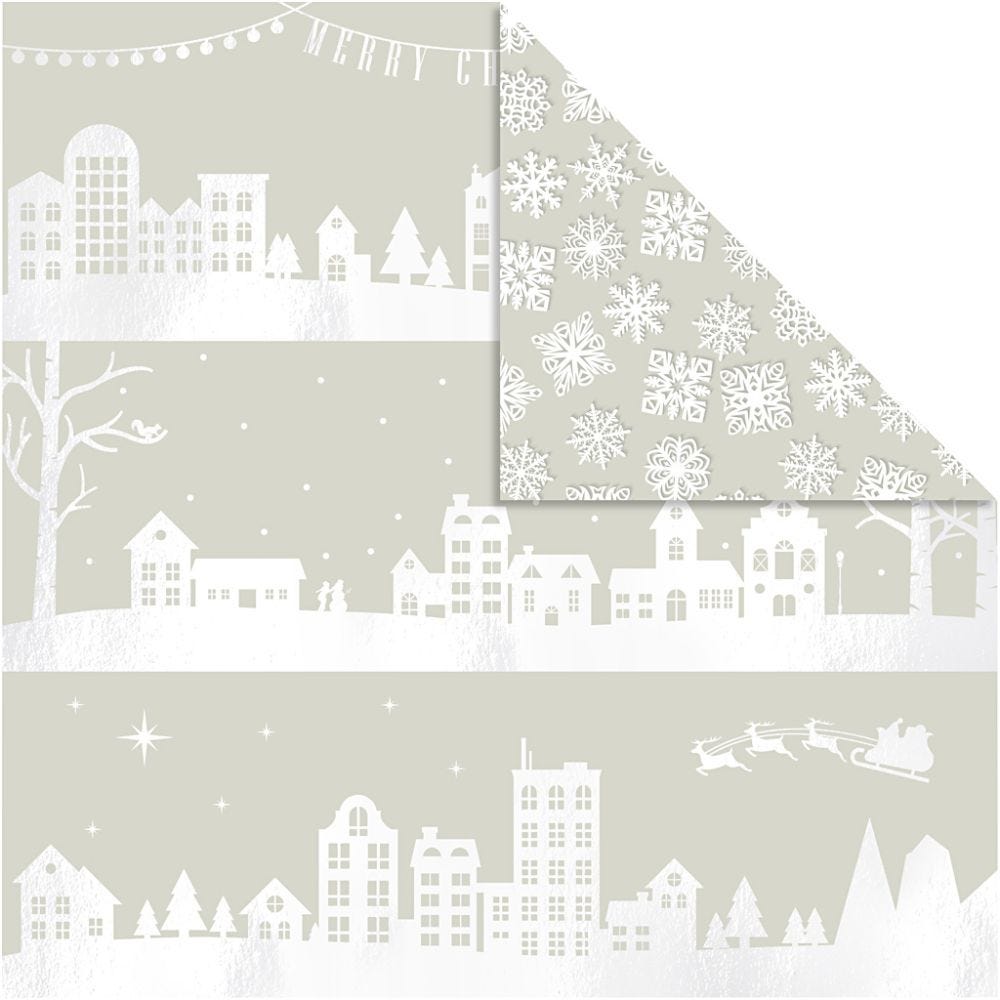 Design papier, huizen en sneeuwvlokken, 30,5x30,5 cm, 180 gr, 3 vel/ 1 doos