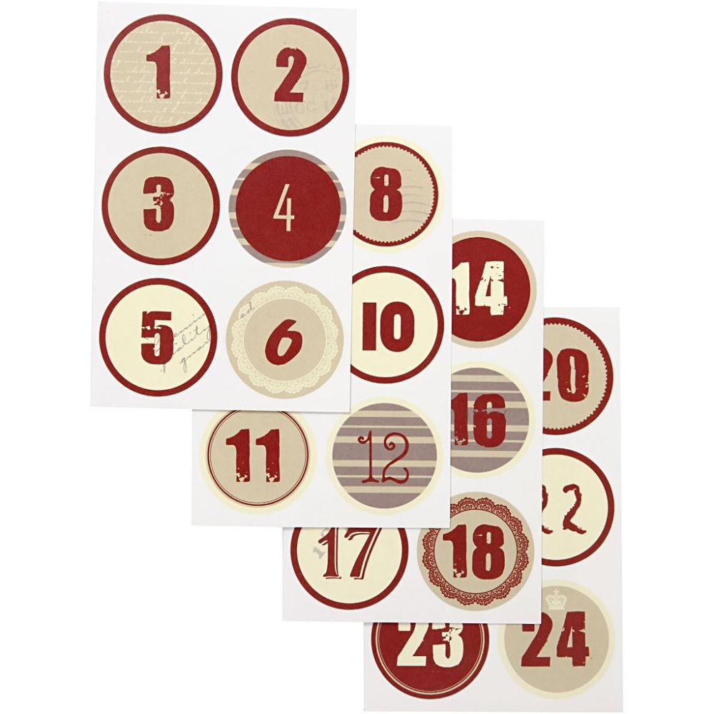Kerstkalender cijfer stickers, d 4 cm, 9x14 cm, 4 div vellen/ 1 doos