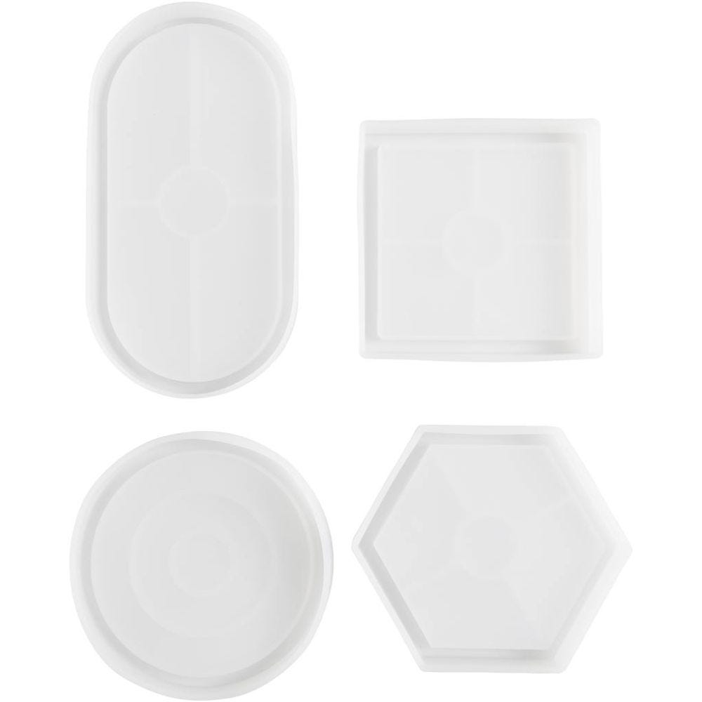 Siliconen vormen, Ovaal, rond, vierkant, zeshoekig, H: 1-1,5 cm, afm 9-17,5 cm, mat transparant, 4 stuk/ 1 doos