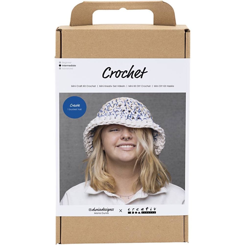 Hobbyset Haken, Grote zonnehoed, blauw, licht naturel, geel, 1 doos